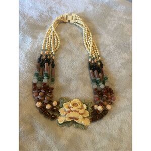 Vintage hand carved flower and stone and glass clasp necklace